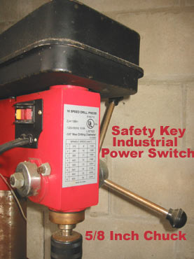 Removable Safety Key as seen on power switch at left of drill press head assembly.
